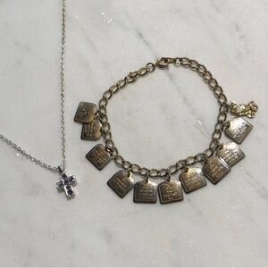 Silver Tone Rhinestone cross Necklace 10 Commandments Charm Bracelet Set